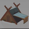 Traditional Wooden Architectural Model With Triangular Roof Carved Top Decorations And Colored Roof Sections