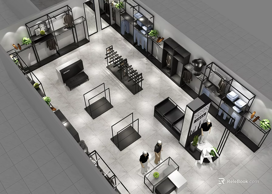 Modern Clothing Store Interior With Display Racks Green Plants And Spacious Shopping Layout 3d model 