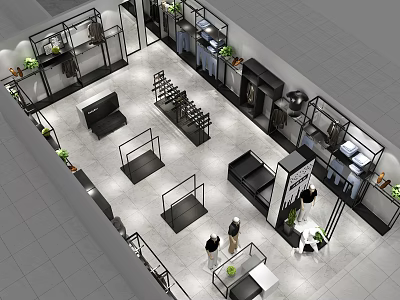 Modern Clothing Store Interior With Display Racks Green Plants And Spacious Shopping Layout 3d model
