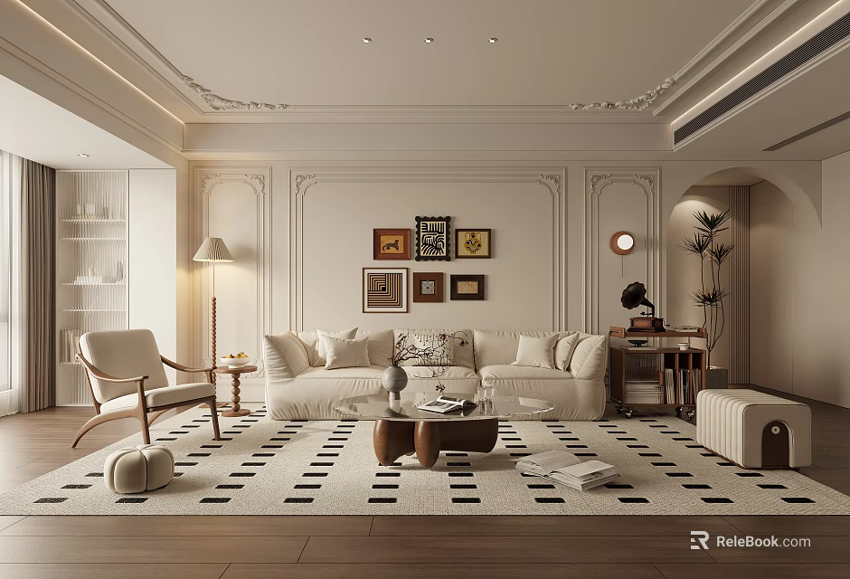 Elegant Living Room Interior With White Sofa Checkered Rug Decorative Paintings And Floor Lamp 3d model 