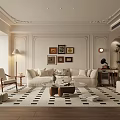 Elegant Living Room Interior With White Sofa Checkered Rug Decorative Paintings And Floor Lamp