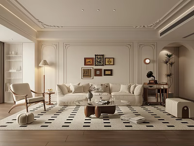 Elegant Living Room Interior With White Sofa Checkered Rug Decorative Paintings And Floor Lamp 3d model