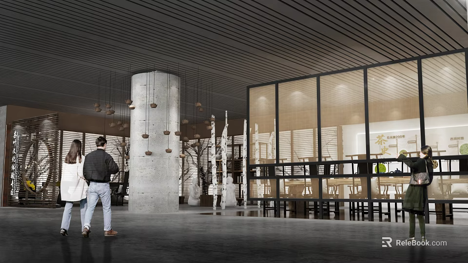 Modern Teahouse Interior Featuring Concrete Column Hanging Decor And Glass Walls 3d model 