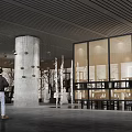 Modern Teahouse Interior Featuring Concrete Column Hanging Decor And Glass Walls