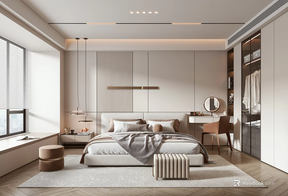 Modern Minimalist Bedroom Interior With King Size Bed Wooden Floor And Wardrobe 3d model 