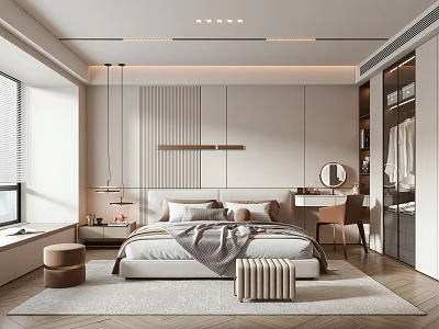 Modern Minimalist Bedroom Interior With King Size Bed Wooden Floor And Wardrobe 3d model