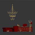 Elegant Office Desk with Green Top Red Sofa Red Chair Gold Chandelier and Wine Glasses