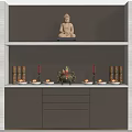 Traditional Buddhist Shrine Cabinet with Buddha Statue Incense Burner Candles and Scriptures
