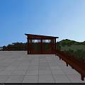 Garden Landscape Featuring Wooden Pavilion Black Roof White Tiled Platform Green Lawn And Distant Mountains