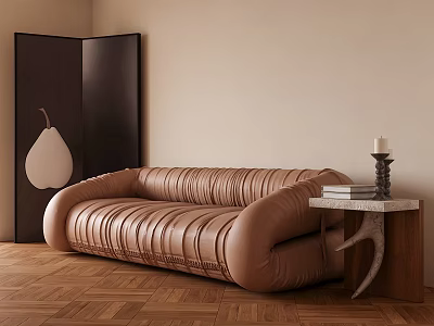 Tan Pleated Three Seater Sofa With Black Room Divider And Wooden Side Table 3d model