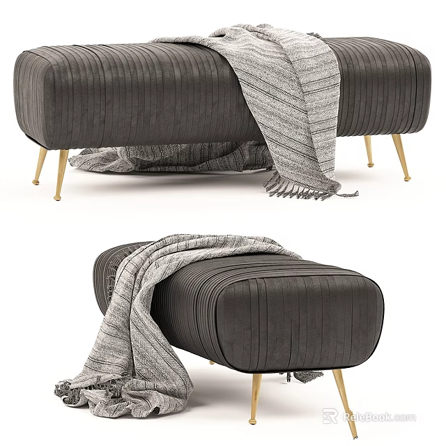 Dark Gray Vertical Tufted Sofa Stool With Golden Legs And Fringed Blanket 3d model 