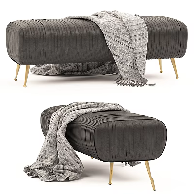 Dark Gray Vertical Tufted Sofa Stool With Golden Legs And Fringed Blanket 3d model