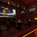 Modern Bar Interior With Neon Lights Cozy Seating Wooden Shelves And Warm Ambience