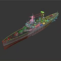 Detailed Warship Model Watercraft With Gray Body Red Bottom Turrets And Antennas