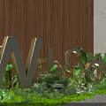 Golden Welcome Sign With Green Plants Decorating Modern Entrance Against Wooden Wall
