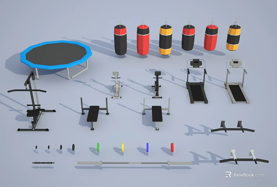 Complete Sports Equipment Collection Featuring Trampoline Punching Bags Treadmills Benches Dumbbells And Barbells 3d model 