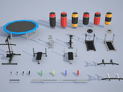 Complete Sports Equipment Collection Featuring Trampoline Punching Bags Treadmills Benches Dumbbells And Barbells 3d model