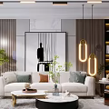 Modern Living Room Interior With Beige Sofa Coffee Tables Plants Pendant Lights And Wall Art