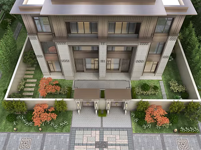 Garden Landscape Design For Two Story Residential Building With Stone Pathway And Green Shrubs 3d model