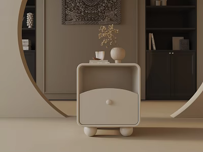 Modern Beige Side Table With Drawer And Round Legs For Living Room Decor 3d model