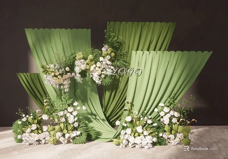Floral Decoration Design With Green Pleated Backdrop And White Flower Arrangements 3d model 