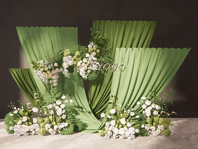 Floral Decoration Design With Green Pleated Backdrop And White Flower Arrangements 3d model