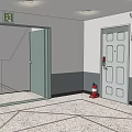 Elevator Door In Building Lobby With Safety Exit Sign Staircase And Fire Extinguisher