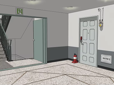 Elevator Door In Building Lobby With Safety Exit Sign Staircase And Fire Extinguisher 3d model