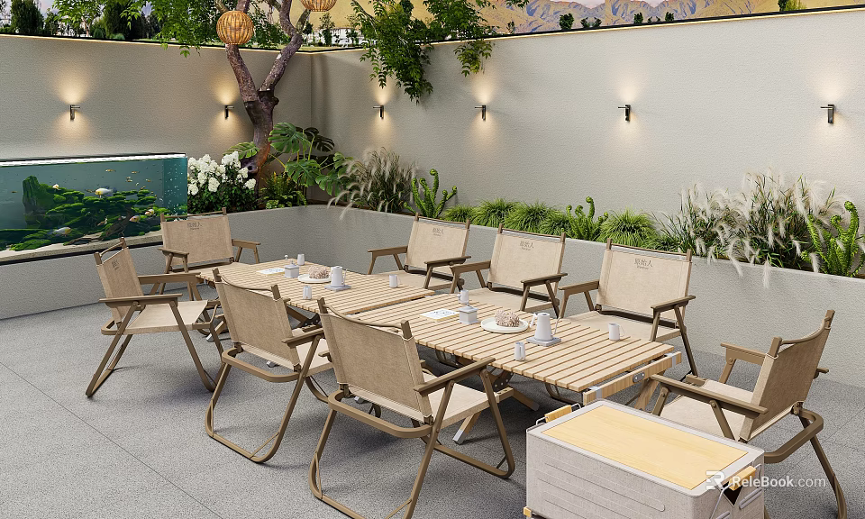 Courtyard Garden Outdoor Dining Set With Wooden Chairs Green Plants And Wall Lights 3d model 