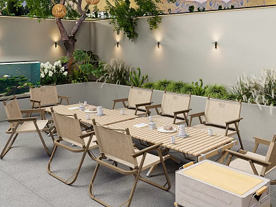 Courtyard Garden Outdoor Dining Set With Wooden Chairs Green Plants And Wall Lights 3d model