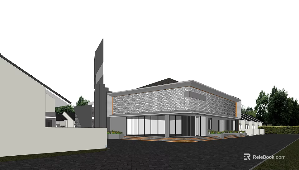 Modern Detached Villa Exterior Design With Large Glass Windows And Geometric Facade 3d model 