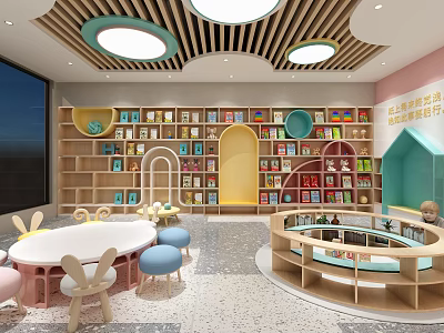Colorful Kindergarten Indoor Reading Space With Bookshelves Round Tables And Children Chairs 3d model