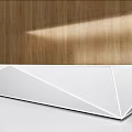 Modern Reception Desk With Geometric White Surface And Wooden Wall Backdrop 3d model