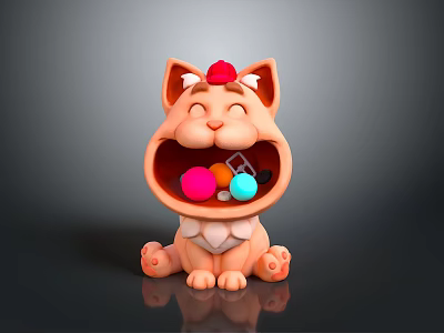 Happy Cartoon Orange Cat With Red Hat Open Mouth Containing Colorful Balls And Small Key 3d model
