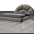 Beige Double Bed With Curved Headboard Gold Accents And Modern Mesh Design