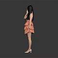 Elegant Woman With Long Black Hair In Orange Tiered Dress Waving Hand Against Gray Background 3d model