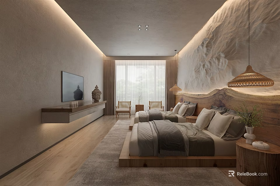 Modern Hotel Guest Room With Wooden Furniture Large Bed Decorative Wall Pendant Light And Carpet 3d model 