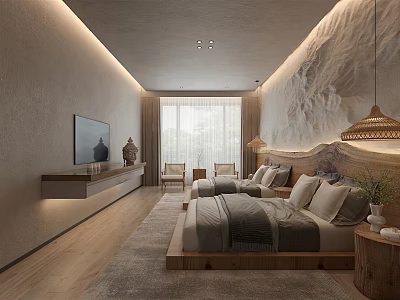 Modern Hotel Guest Room With Wooden Furniture Large Bed Decorative Wall Pendant Light And Carpet 3d model