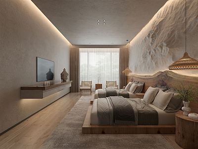 Quiet Room Homestay Room Standard Room Accommodation Stone Background Wall Leisure Chair Combination Standard Room Double Bed Hotel Room Bedside Chandelier Curtain model