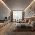 Modern Hotel Guest Room With Wooden Furniture Large Bed Decorative Wall Pendant Light And Carpet