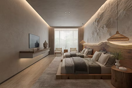 Quiet Room Homestay Room Standard Room Accommodation Stone Background Wall Leisure Chair Combination Standard Room Double Bed Hotel Room Bedside Chandelier Curtain 3d model