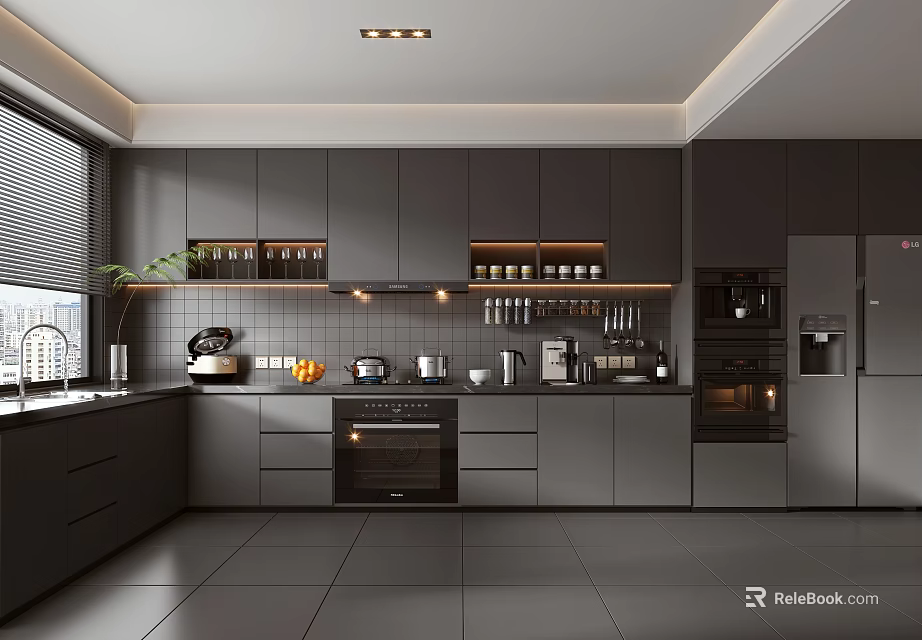 Modern Gray Kitchen Interior Design With Open Shelves Cabinets Countertop And Appliances 3d model 