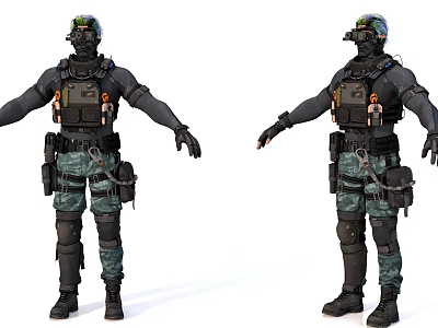 Game And Movie Character With Tactical Camouflage Uniform Helmet And Utility Gear 3d model