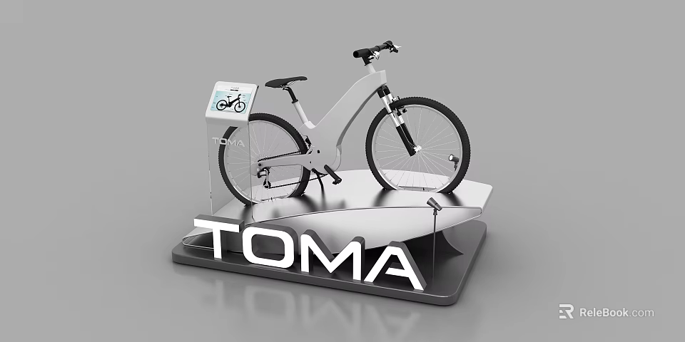 Modern Bicycle on TOMA Display Stand with Information Panel Showing Bike 3d model 