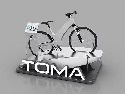 Modern Bicycle on TOMA Display Stand with Information Panel Showing Bike 3d model