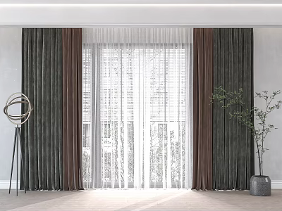 Dark Brown And Green Textured Curtains With Sheer Panels In Bright Living Room Interior 3d model