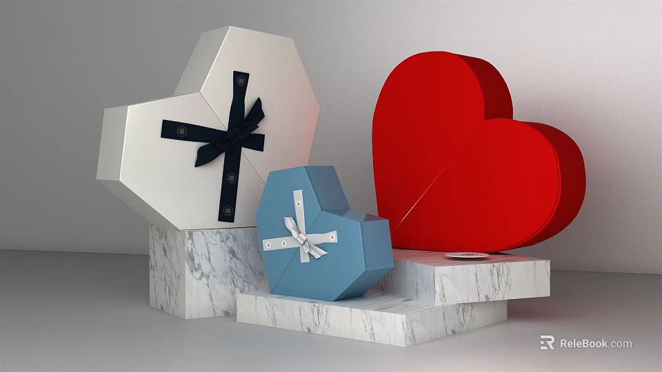 Decorative Heart Shaped Gift Boxes With Ribbons On Marble Platforms For Daily Use 3d model 