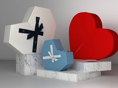 Decorative Heart Shaped Gift Boxes With Ribbons On Marble Platforms For Daily Use 3d model