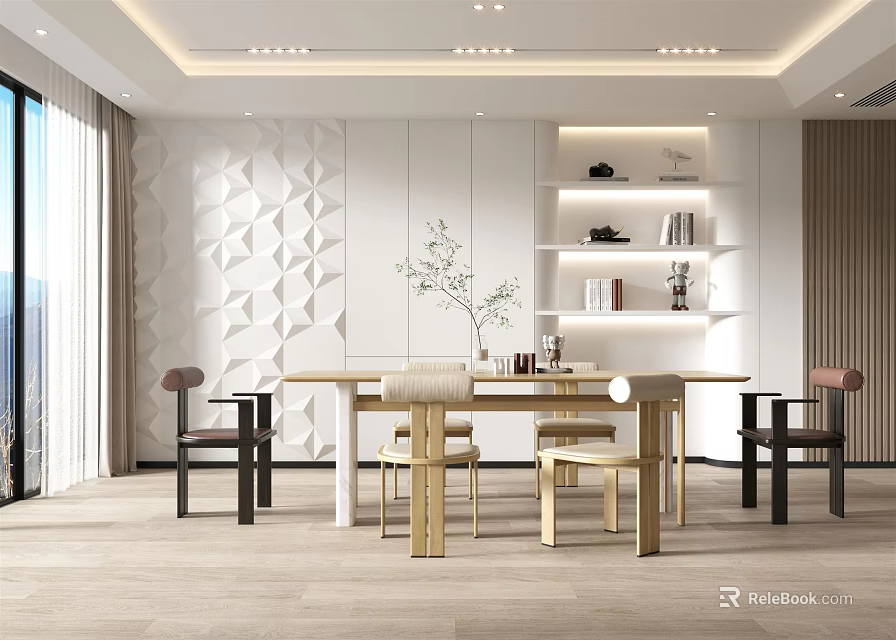 Modern Open Concept Restaurant Interior With Dining Table Chairs Geometric Wall And Shelves 3d model 