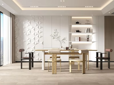 Modern Open Concept Restaurant Interior With Dining Table Chairs Geometric Wall And Shelves 3d model